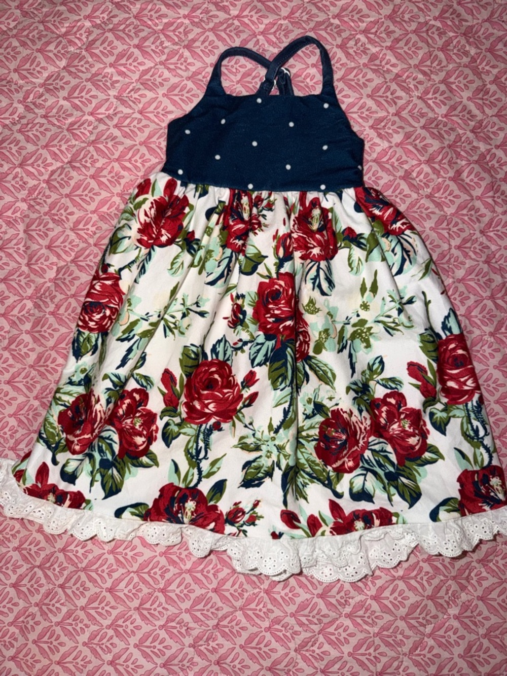 SweetHoney Navy & White Floral Nightgown with Red Rose Print